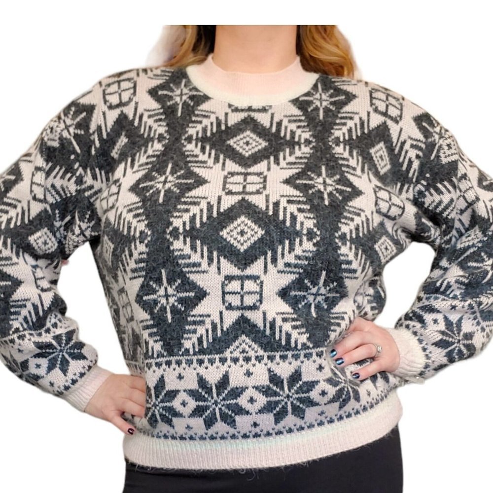 Vintage 80s Womens Barbiecore Skiwear Nordic Sweater Pastel Pink Gray M/L